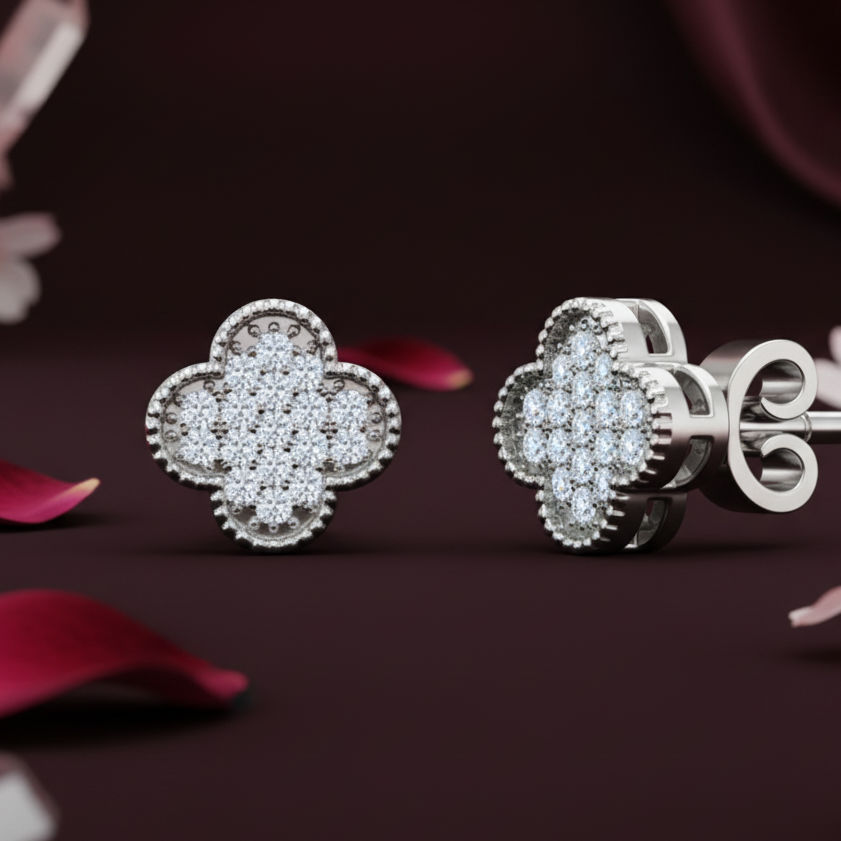 Diamond Clover Stud Earrings with Beaded Milgrain Edge