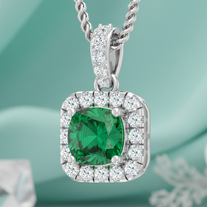 Cushion-Cut Emerald Halo Diamond Border