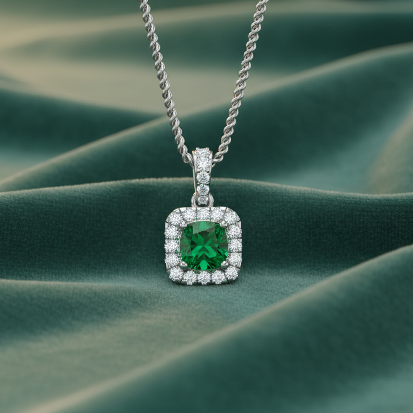 Cushion-Cut Emerald Halo Diamond Border