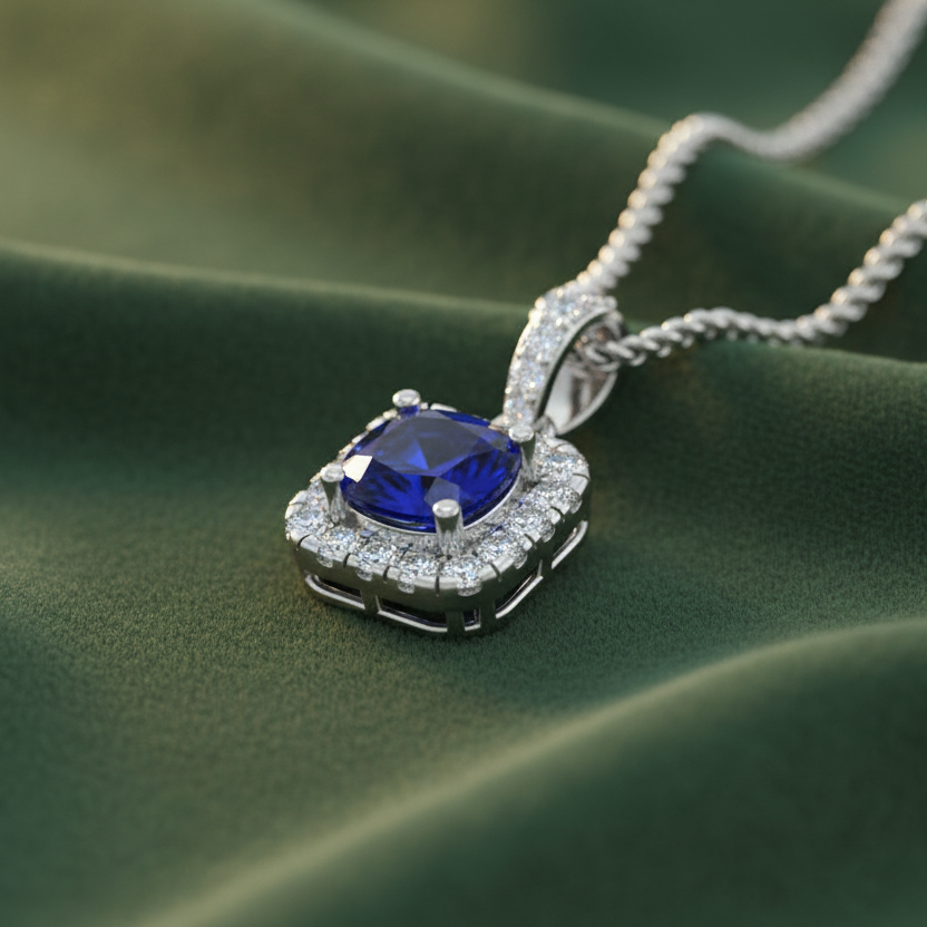 Cushion-Cut Sapphire Halo Diamond Border