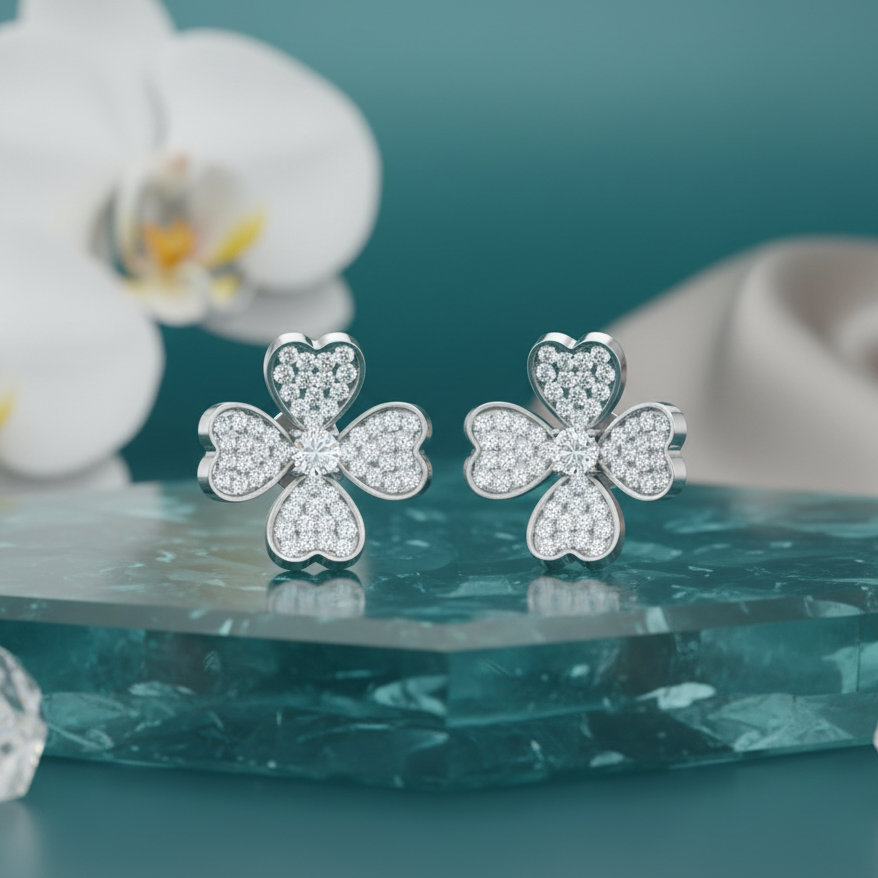 Diamond Heart Clover Stud Earrings