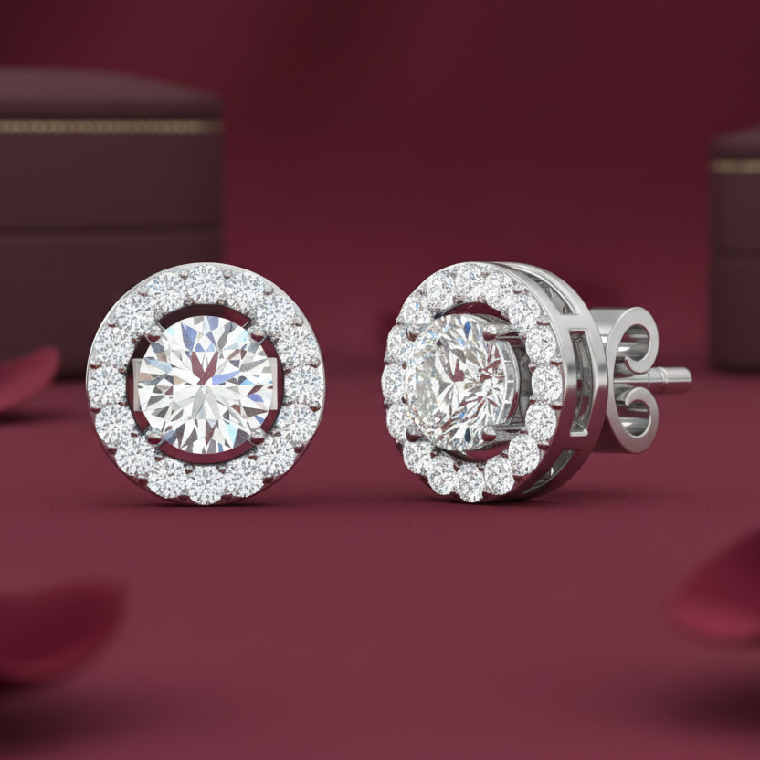 Classic Round Diamond Solitaire Halo Stud Earrings