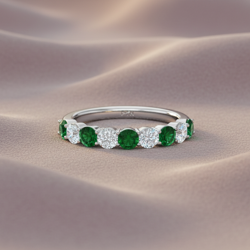 Nine Stone Emerald With Diamond Half Cttw