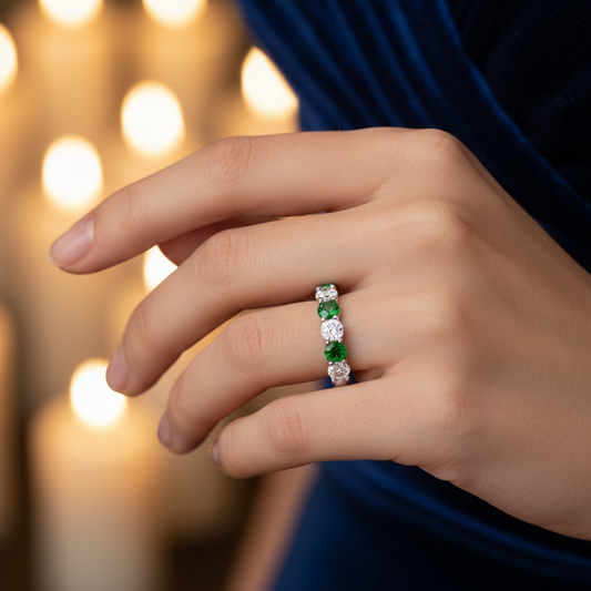Seven Stone Twenty-Four Cents Emerald With Diamond