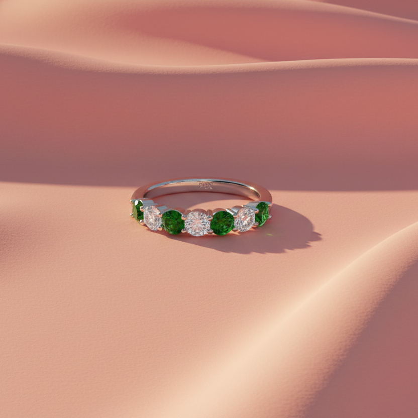 Seven Stone Twenty-Four Cents Emerald With Diamond
