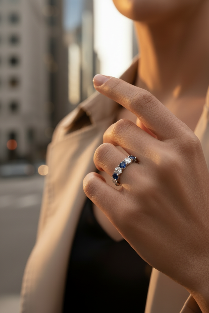 Seven Stone Twenty-Four Cents Sapphire With Diamond