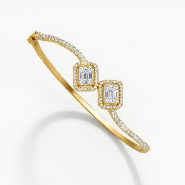 Gold Bangle with Baguette and Round Diamonds