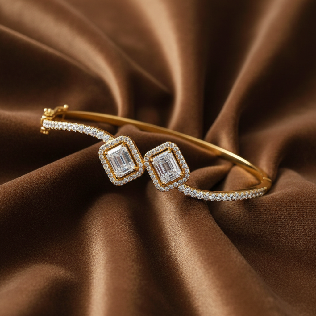 Gold Bangle with Baguette and Round Diamonds